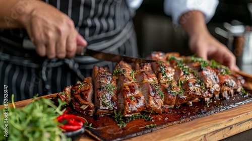 A chef arranging grilled pork neck slices on a serving platter, with artistic garnishes for presentation
