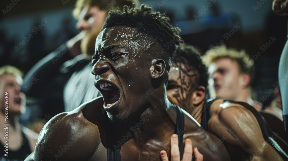 Wrestler's Emotional Reaction After Victory with Teammates Celebrating in Background