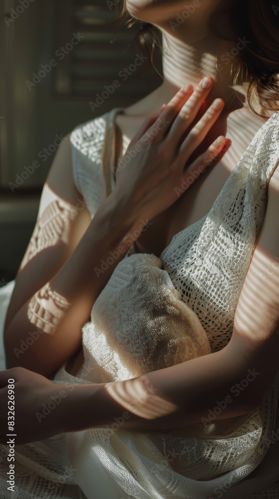 A woman is sitting in a room with a white lace top on A woman is sitting in a room with a white lace top on