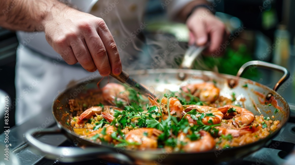 A chef preparing a gourmet seafood dish in a large pan, garnishing with fresh herbs A chef preparing a gourmet seafood dish in a large pan, garnishing with fresh herbs