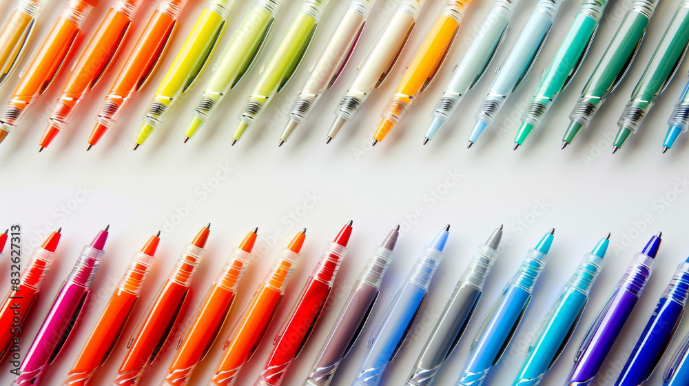 Fototapeta premium A row of colorful pens are lined up on a white background