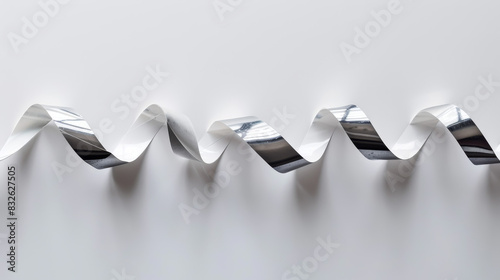 A silver ribbon is curled up on a white background photo