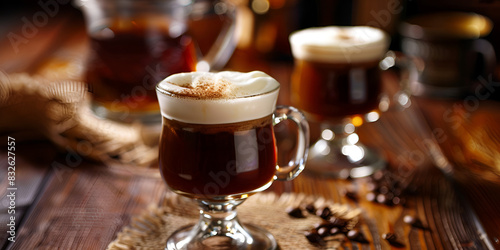 A glass of Irish coffee on a wooden table surrounded by coffee beans