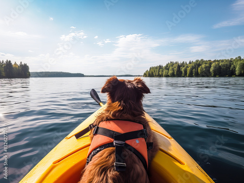 A dog is kayaking on a lake..