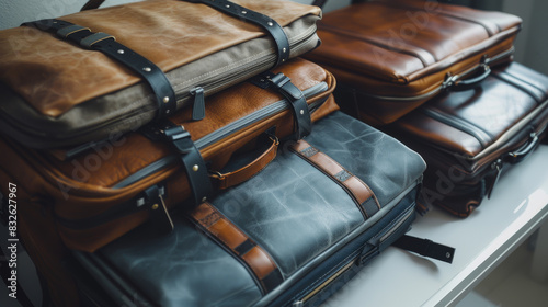 A stack of leather bags with a brown and tan color