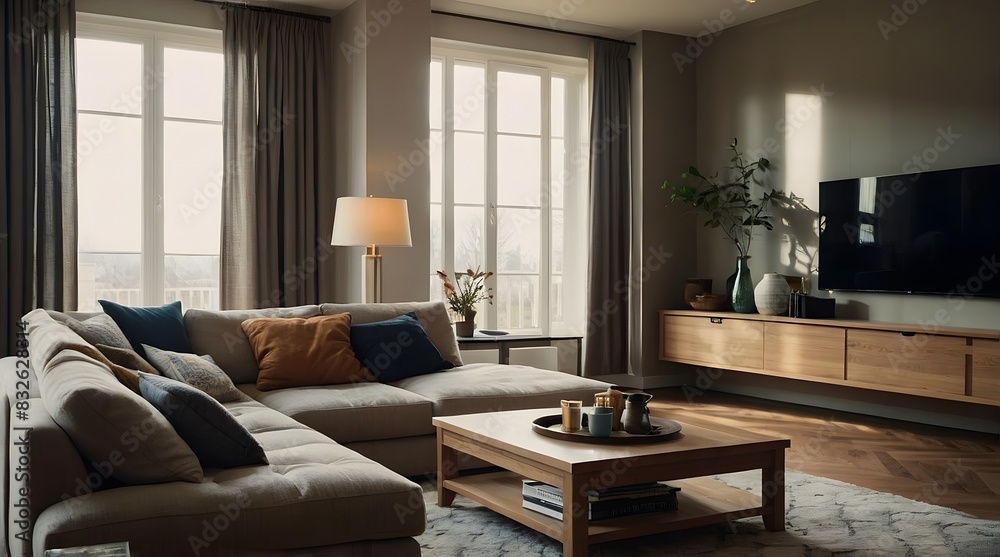 modern and minimal living room interior design, contemporary interior design, 3D render, cinematic lighting, A cozy living room with soft sofas, warm lighting and decorative elements such as cushions modern and minimal living room interior design, contemporary interior design, 3D render, cinematic lighting, A cozy living room with soft sofas, warm lighting and decorative elements such as cushions