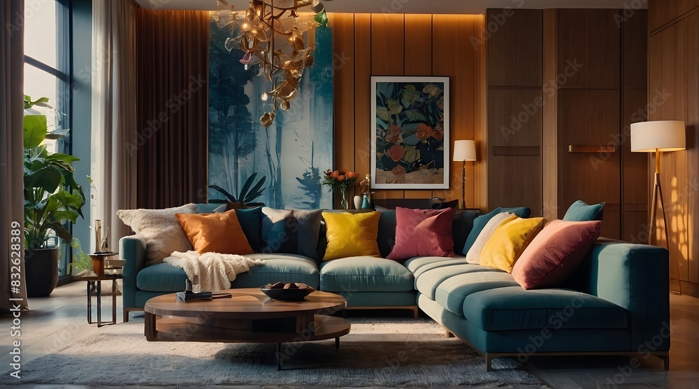 Fototapeta premium modern and minimal living room interior design, contemporary interior design, 3D render, cinematic lighting, A cozy living room with soft sofas, warm lighting and decorative elements such as cushions 