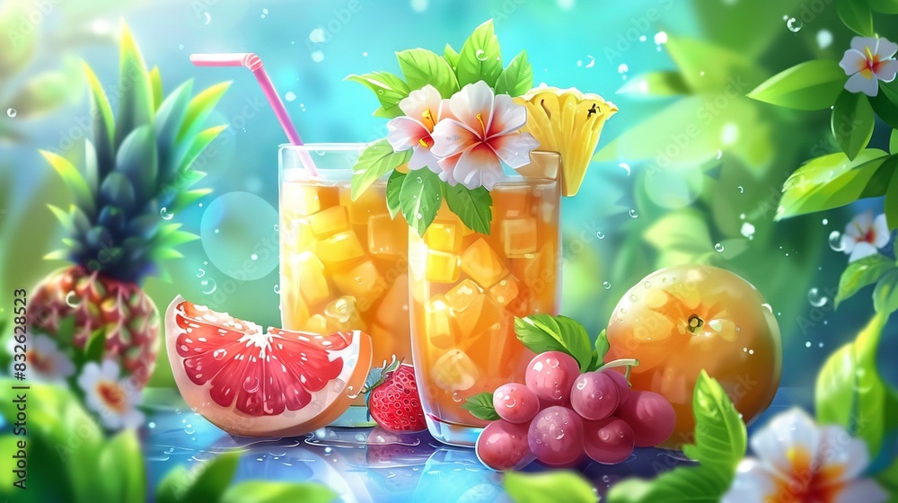 Refreshing tropical smoothie, pineapple and grapefruit garnish, vibrant and detailed, Realistic, Highdefinition Refreshing tropical smoothie, pineapple and grapefruit garnish, vibrant and detailed, Realistic, Highdefinition