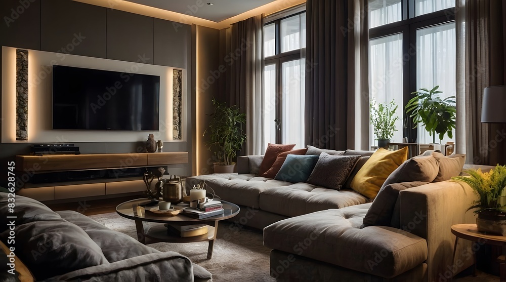 Fototapeta premium modern and minimal living room interior design, contemporary interior design, 3D render, cinematic lighting, A cozy living room with soft sofas, warm lighting and decorative elements such as cushions 