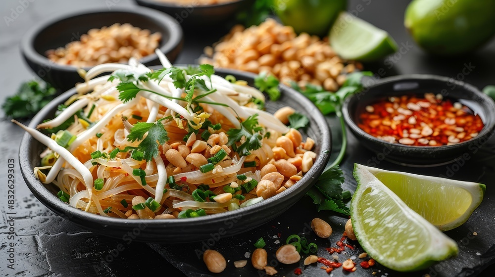 A variety of Asian food is displayed in bowls on a black counter A variety of Asian food is displayed in bowls on a black counter