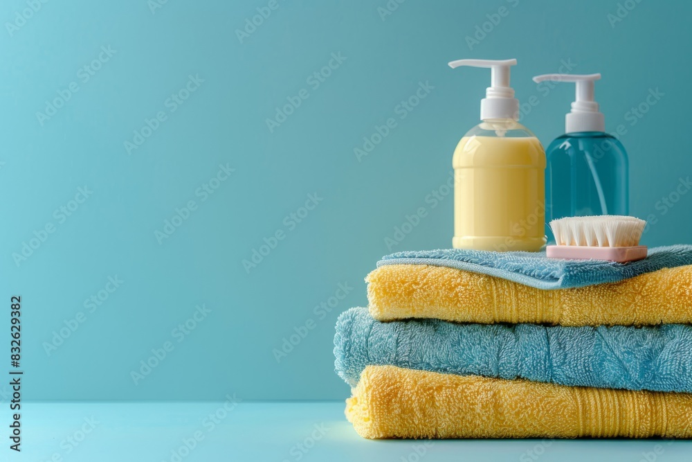 Towel, soap and shower gel on blue background, bath set. Copy space for text Towel, soap and shower gel on blue background, bath set. Copy space for text