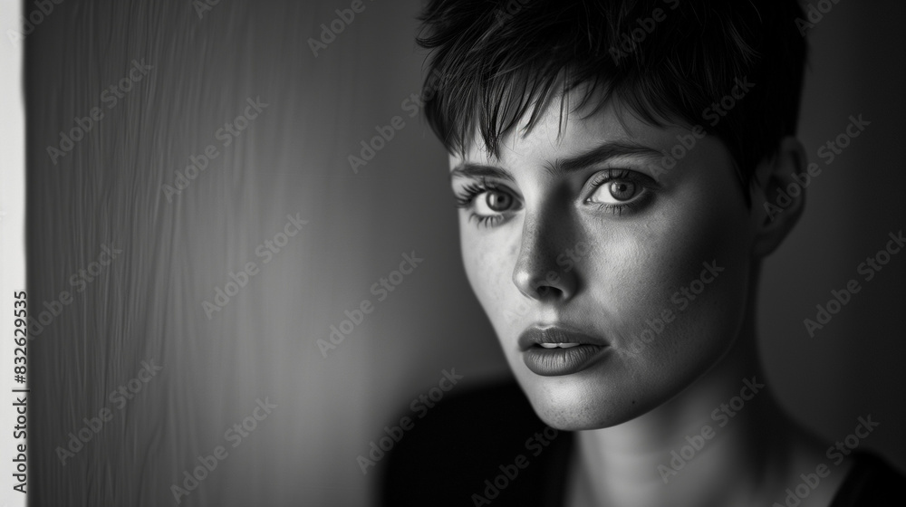 Intense monochrome portrait of a young woman with pixie cut