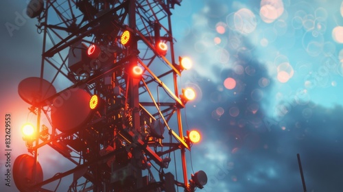 A close-up of antennas and equipment on a telephone signal tower, transmitting signals to mobile devices