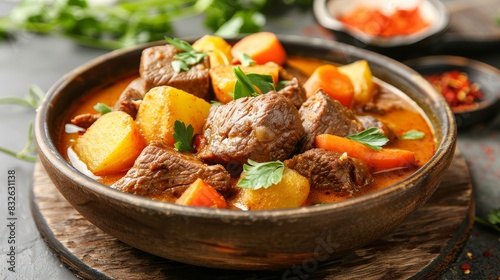 A bowl of stew with meat and vegetables photo