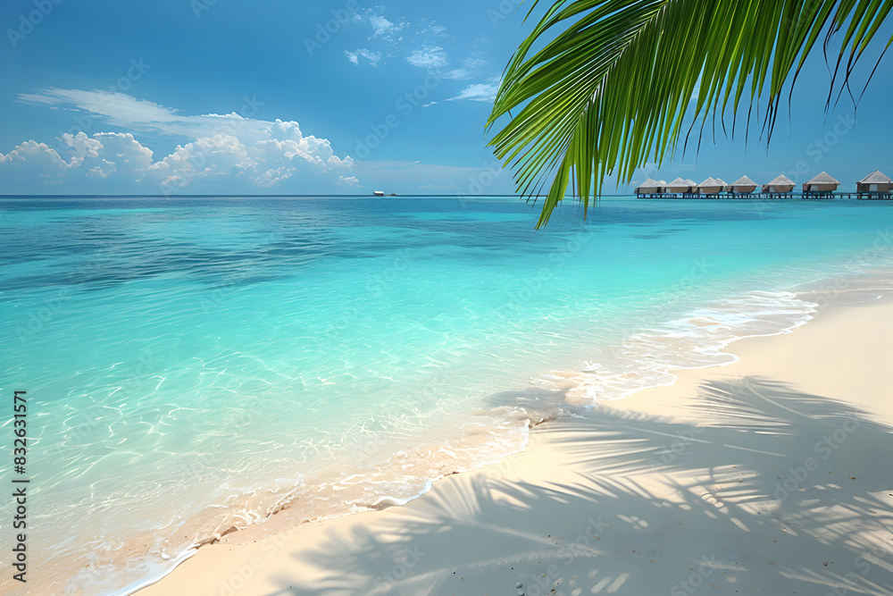 Fototapeta premium Tropical beach in Maldives with white sand, turquoise water, palm tree, and distant stilt bungalows under a bright blue sky