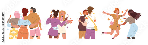 Man and Woman Friend Hugging Meeting Each Other Feeling Joy Vector Illustration Set