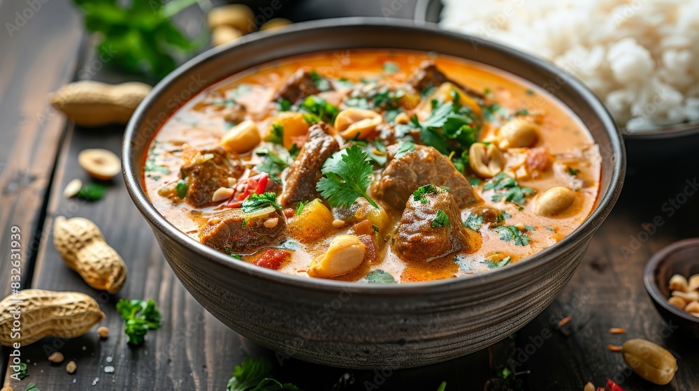 A bowl of red curry with peanuts and parsley on a wooden table