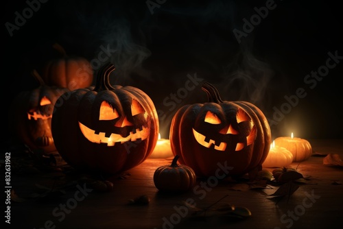 Spooky Halloween Jack-O'-Lanterns with Glowing Pumpkins in Dark Mysterious Setting for Festive Decor © spyrakot