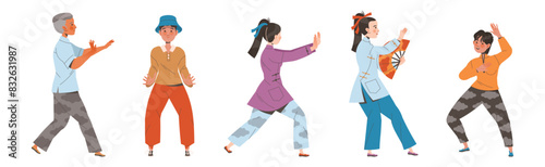 Tai Chi Practice with Man and Woman Doing Qigong Exercise as Internal Chinese Martial Art Vector Illustration Set