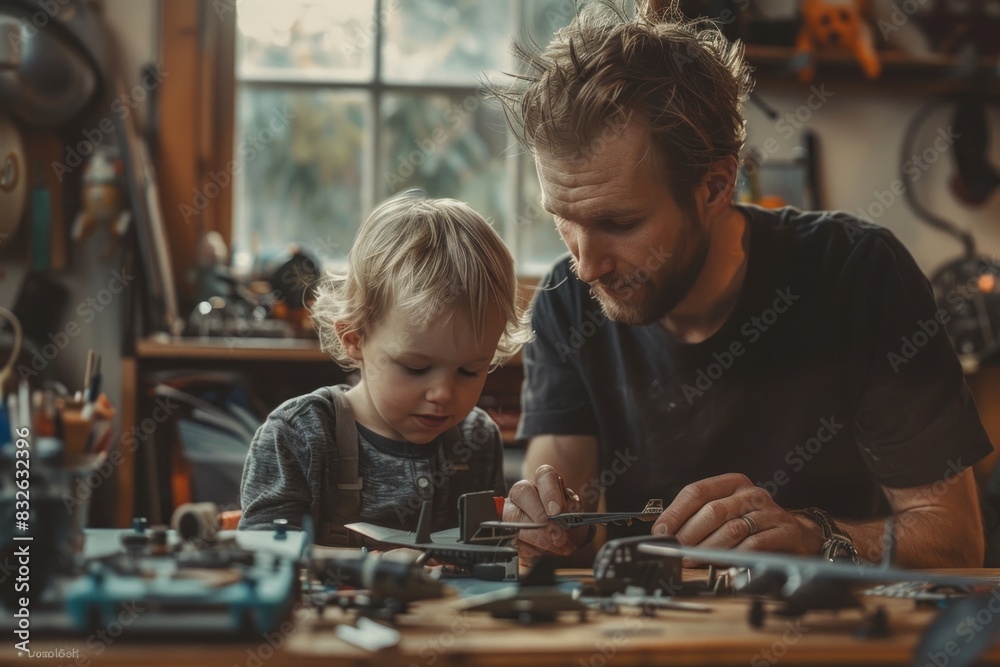 In the cozy studio, a father helps his child build a model airplane, their shared passion for aviation bringing them closer together. In the cozy studio, a father helps his child build a model airplane, their shared passion for aviation bringing them closer together.