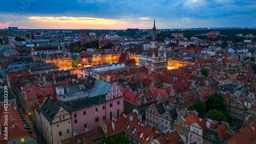 aerial evening view of the city center of poznan in poland in spring