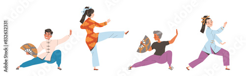 Tai Chi Practice with Man and Woman Doing Qigong Exercise as Internal Chinese Martial Art Vector Illustration Set
