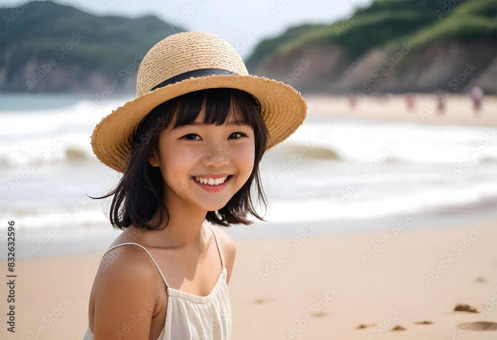 a girl in a straw hat smiles at the camera on the beach.