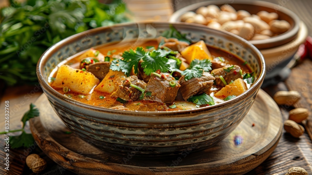 A bowl of stew with meat and potatoes sits on a wooden table A bowl of stew with meat and potatoes sits on a wooden table