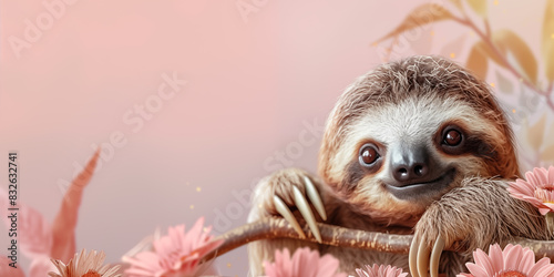 Cute sloth with flowers.