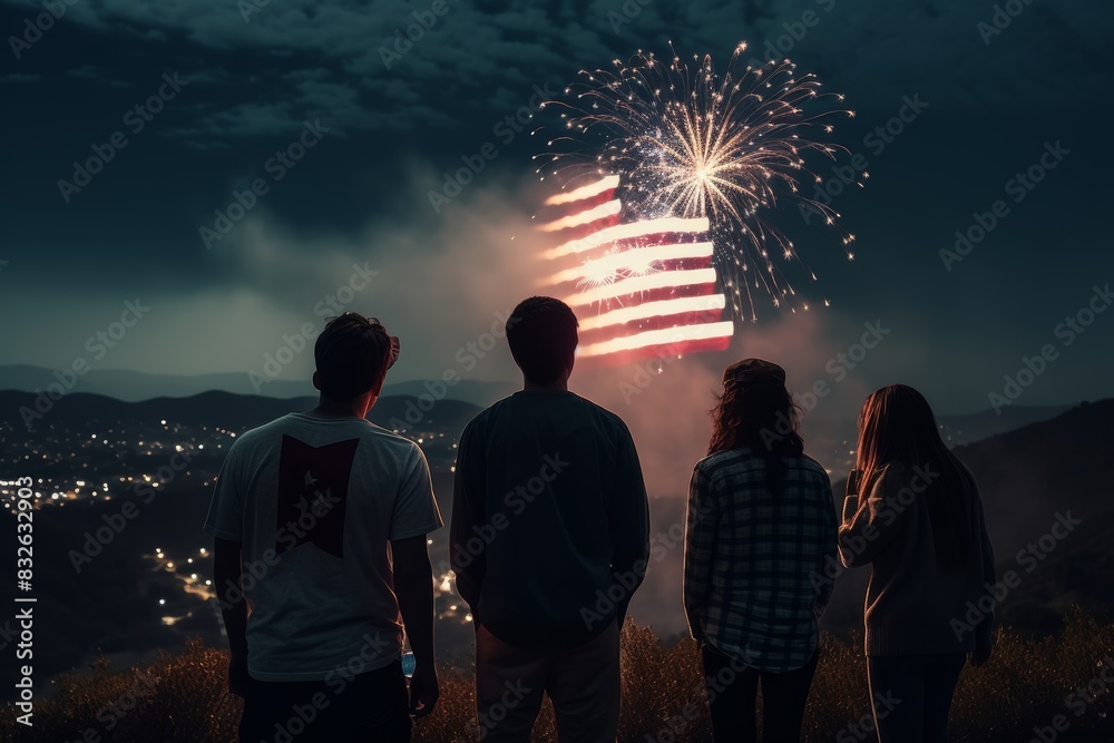 Group of Friends Watching Night Fireworks Over City Skyline - Patriotic Celebration Stock Photo