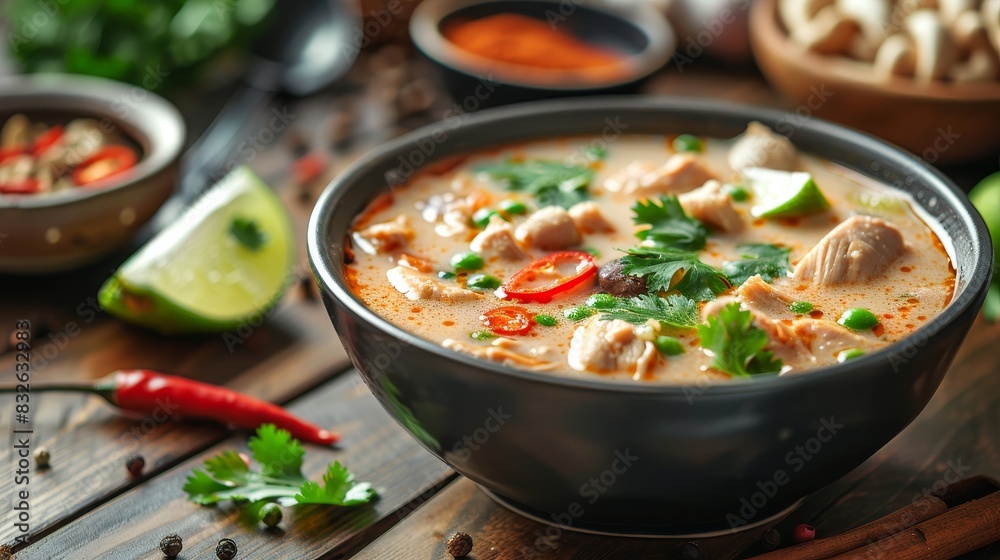 A bowl of soup with a spoon and a few other items on a wooden table A bowl of soup with a spoon and a few other items on a wooden table