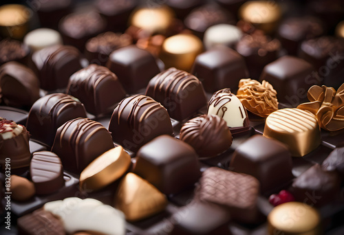 Assorted chocolates background. Many delicious, sweet, chocolates of different shapes and colors, located nearby photo