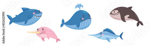 Cute Sea Animal with Smiling Face Vector Set