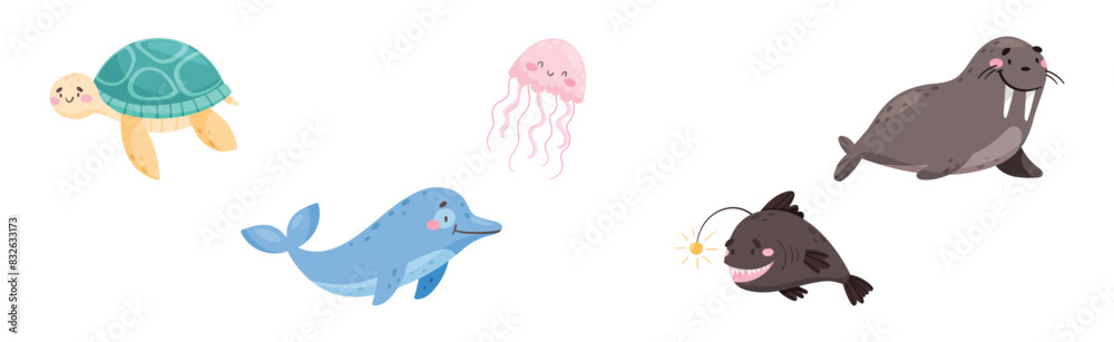 Cute Sea Animal with Smiling Face Vector Set
