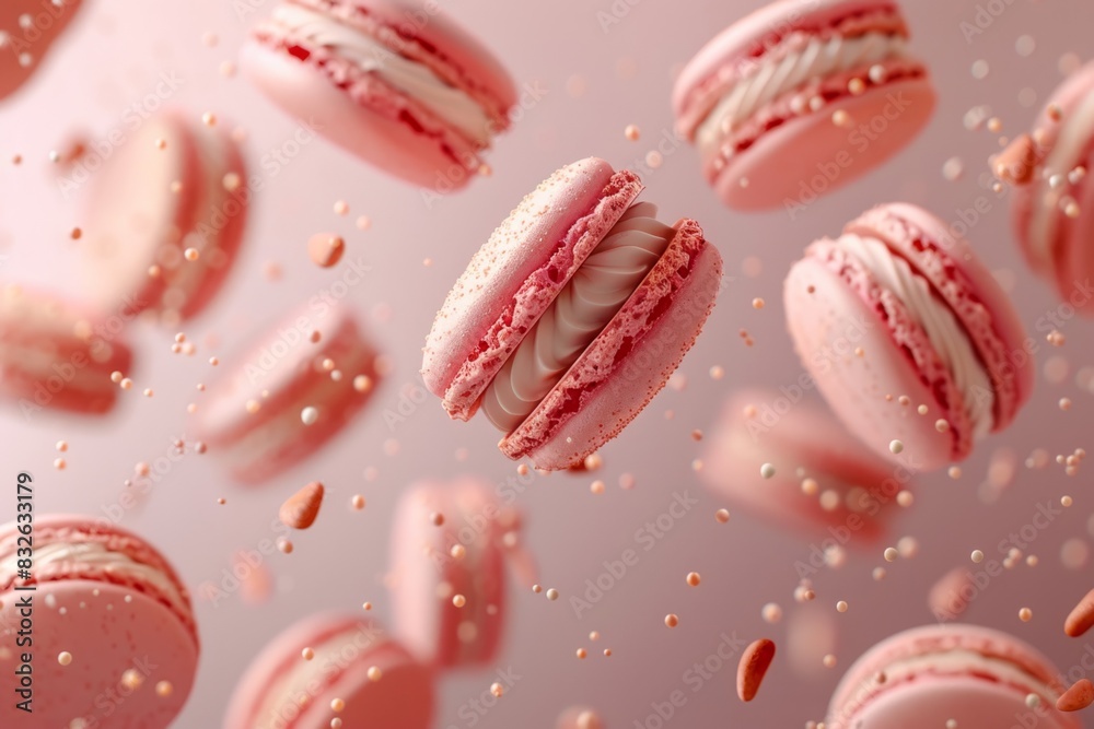Fototapeta premium Cakes macaroons in motion falling on pink background