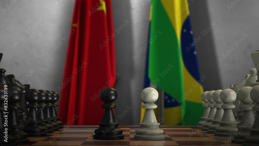 Brazil And China National Flags. Politics And Conflict Concept Animation. Chess Board Game Play Brazil And China National Flags. Politics And Conflict Concept Animation. Chess Board Game Play