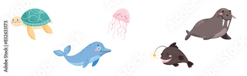 Cute Sea Animal with Smiling Face Vector Set