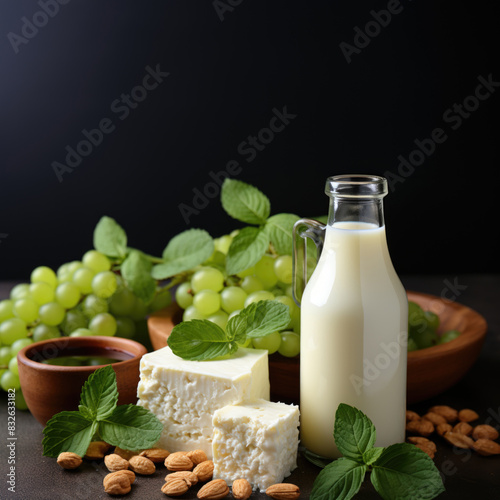 Fresh milk and cheese with grapes, nuts and mint on a black background with copy space
