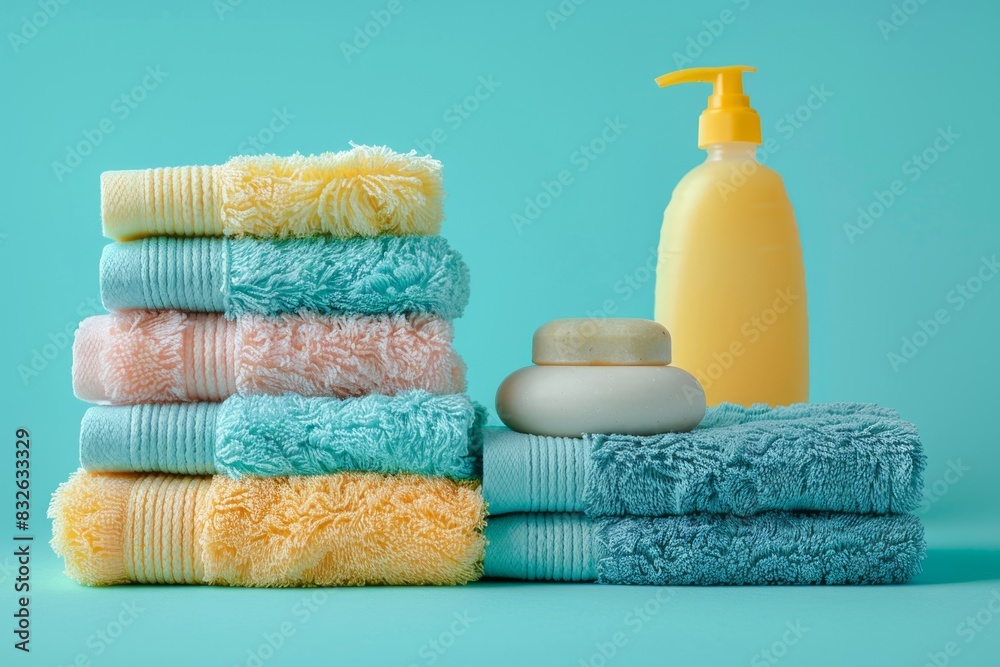Towel, soap and shower gel on blue background, bath set Towel, soap and shower gel on blue background, bath set