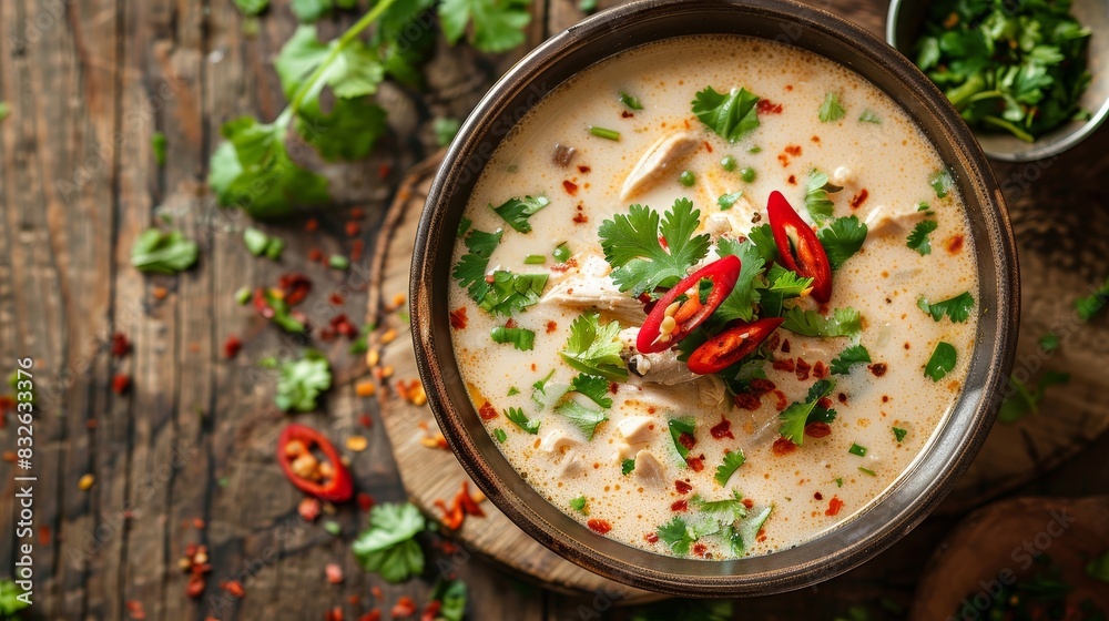 A bowl of soup with a lot of green herbs and spices A bowl of soup with a lot of green herbs and spices