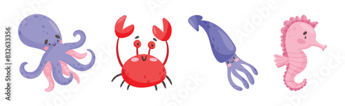 Cute Sea Animal with Smiling Face Vector Set