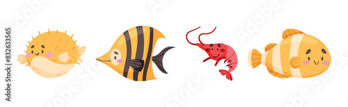 Cute Sea Animal with Smiling Face Vector Set