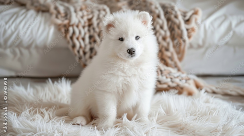 A fluffy Samoyed puppy sitting on a fluffy rug, with a mischievous glint in its eyes A fluffy Samoyed puppy sitting on a fluffy rug, with a mischievous glint in its eyes