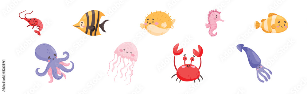 Cute Sea Animal with Smiling Face Vector Set Cute Sea Animal with Smiling Face Vector Set