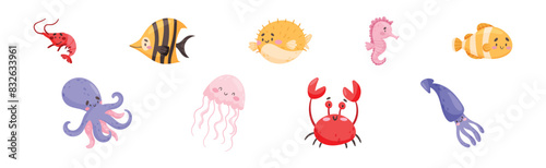 Cute Sea Animal with Smiling Face Vector Set