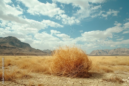 Dry tumbleweed plant in the desert. Copy space for text photo