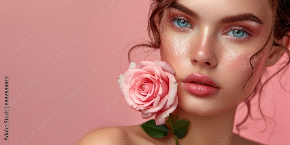 Beautiful girl with a rose on a pink background. Copy space for text