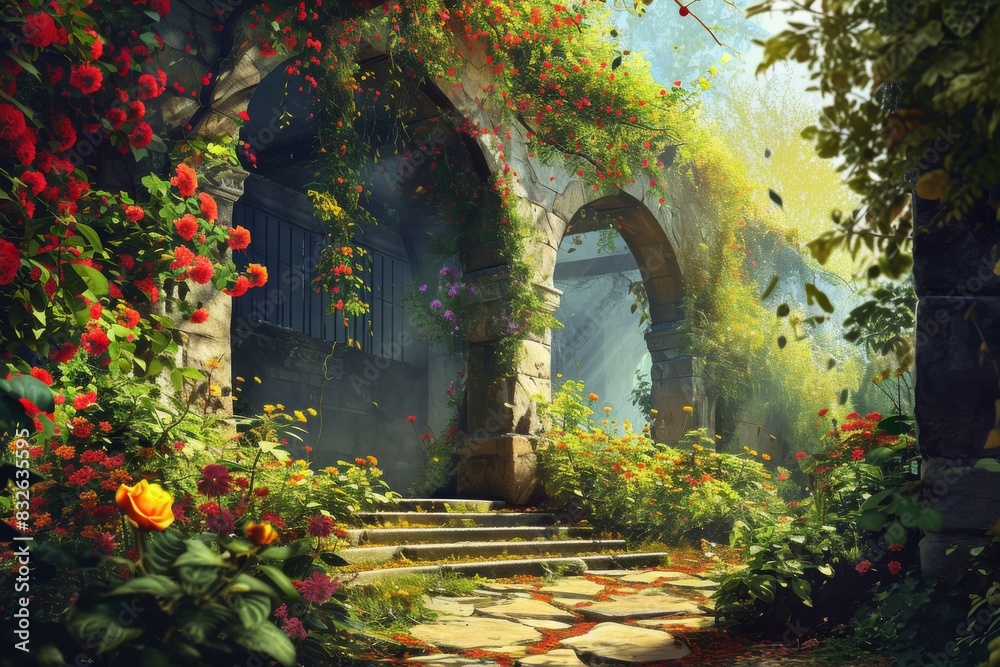 A beautiful secret fairytale garden with flower arches and colorful greenery. painting background, AI-generated