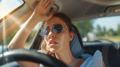 Woman tried face and suffering heat stroke in the car from summer and climate problem.