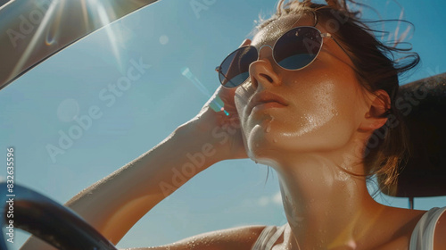 Sun burn and climate change problem in summer , woman with sweat on face in the car. photo